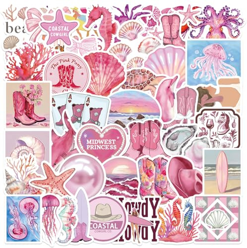 PNGIF Aesthetic Beachy Aufkleber 50 Stück, Meeresleben Sticker für Scrapbook Kindle Koffer Skateboard Laptop Kühlschrank MacBook Journal, Graffiti Wasserfeste Vinyl Rosa Anime Decals