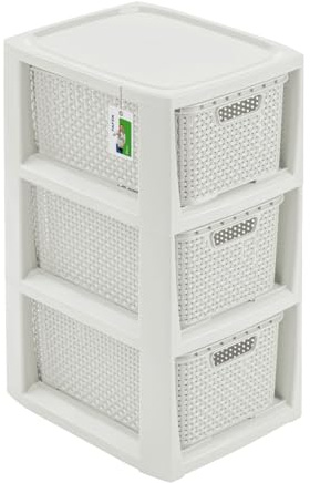 PAFEN Universelles Regal mit Körben Rattan-Optik - 25 x 48,5 x 29 cm - leichtes Aufbewahrungsregal aus Kunststoff für Bad Haushalt Kinderzimmer – mobil pflegeleicht ohne Bohren, 3 Körben, Weiß