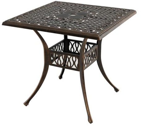 GOPLUS Gartentisch, 80 x 80 cm Balkontisch quadratisch aus Gusseisen mit 48mm Schirmloch, Bistrotisch Beistelltisch wetterfest, Esstisch Outdoor für Garten, Hof, Veranda & Terrasse