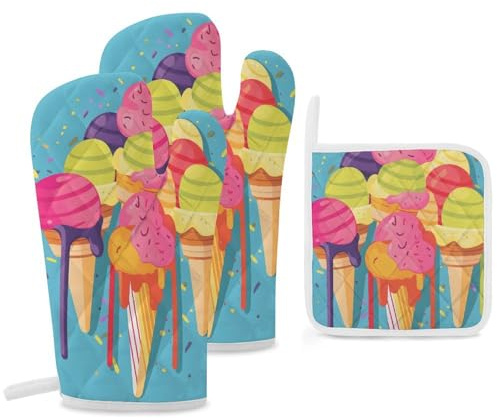 Set di 3 guanti da forno colorati per gelato e presine, resistenti al calore fino a 260 °C, guanti da forno extra lunghi da 30 cm, essenziali per la cottura in cucina