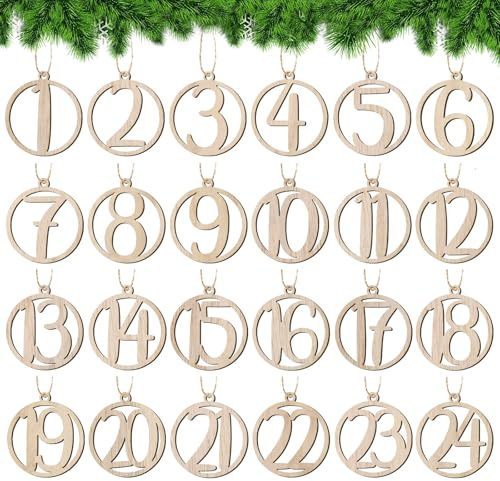BETESSIN Adventskalender Zahlen Holz 1-24 - Runde Holzzahlen Anhänger für Adventskalender zum Basteln Weihnachtskalender, Weihnachtsdeko, Geschenkanhänger uvm. (ø 4 cm)