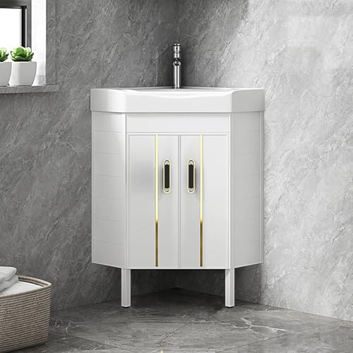 Meuble-lavabo d'angle Compact Blanc avec Vasque en céramique, à Poser au Sol pour Petits espaces, idéal pour Les salles de Bains, Les buanderies et l'extérieur (48 cm/19 po)