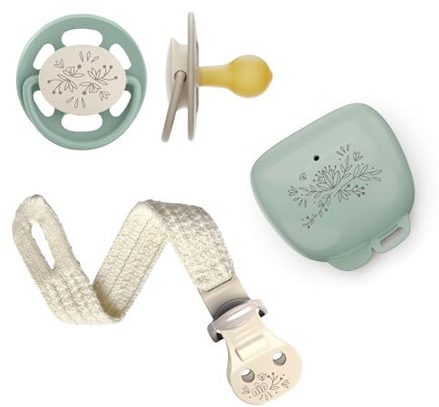 nip Set ciuccio Cherry Green | Limited Edition |0-6 mesi | Sostenibile: 2 ciucci, 1 nastro ciuccio e 1 scatola per ciuccio in materie prime naturali | regalo per nascita | verde salvia