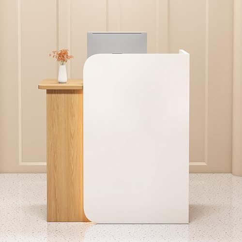 Empfangstresen aus Holz mit Schubladen & Schrank – Büro Empfang Theke für Geschäfte, Hotels & Tagungsräume Weiß + Naturholz-Finish – Linke Seite 60x45x100cm