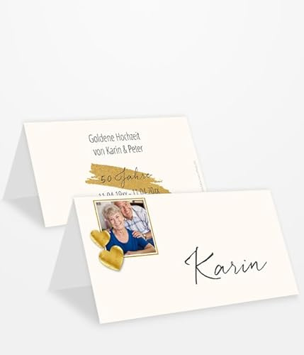 10 Personalisierte Tischkarte Goldene Hochzeit mit Foto, Tischkarten mit Gästenamen, 10-100 Stück, einfach selbst gestalten,gedruckte Namen, Motiv Goldstreifen
