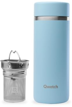 Qwetch Thermoskanne für unterwegs, 400 ml – Pastellblau – Teesieb mit 2 Filtern – 12 Stunden heiß / 24 Stunden kalt – wasserdicht, wiederverwendbar & langlebig – für Tee, Kaffee, Kräutertee, Obst