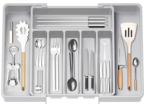 Plateau d'Ustensiles Extensible pour Tiroir,Range Couverts,Organisateur de Tiroir pour la Cuisine,Support de Rangement en Plastique pour Couverts, Cuillères, Fourchettes,etc,Gris
