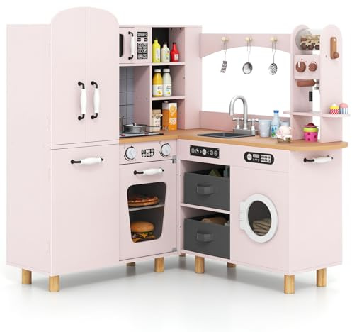 COSTWAY Cucina Giocattolo per Bambini, Cucina da Gioco ad Angolo con Fornelli, Frigorifero, Macchina da Caffè, Microonde, Lavatrice e Accessori, con Suoni e Luci per Bambini 3+ Anni (Rosa)