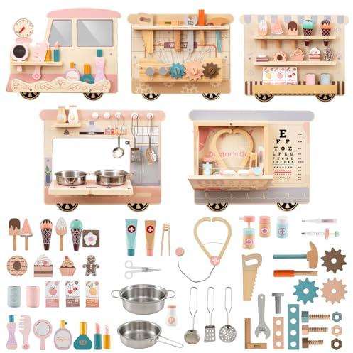 COSTWAY 5 in 1 Pannello Sensoriale in Legno Multifunzione per Bambini | Busy Board Montessori con Vanity, Cassetta degli Attrezzi, Cucina Giocattolo, Kit del Dottore e Bar per Sala Giochi e Asilo