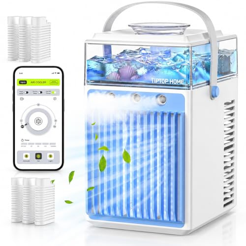 Aire acondicionado portátil, mini ventilador de aire acondicionado 5 en 1 con 3 velocidades, 3 pulverizaciones, control por aplicación y temporizadores, enfriador de aire evaporativo silencioso