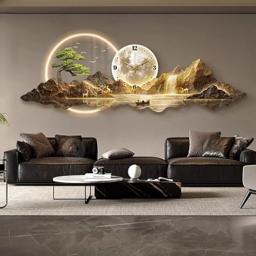 Orologio Da Parete LED 3D, Decorazione Murale Luminosa Paesaggio Cinese Moderno, Orologio Silenzioso Senza Tic-tac, Finitura Porcellana Cristallo, Per Salotto E Camera.(B,100*35cm/39.4*13.8in)