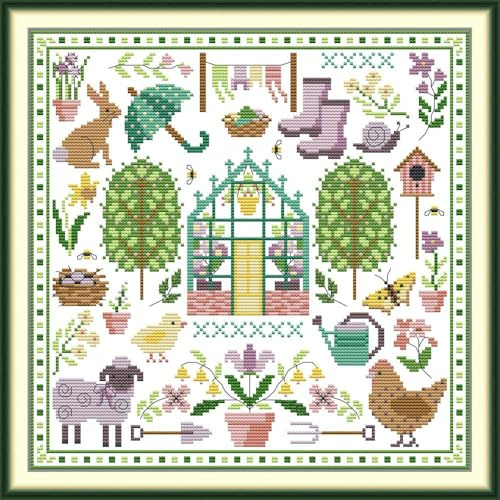 ABEUTY Pre Printed 14 Count Cross Stitch Kits Spring Garden Sampler Pattern for Adults Beginners, DIY Stamped Advanced Embroidery Starter Kit 33x33cm Needlework Set (Garden)