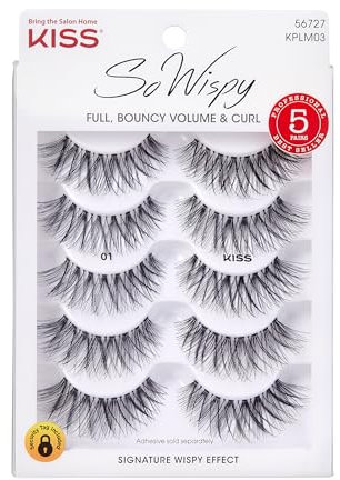 Kiss Looks So Natural, So Wispy False Eyelashes, 5 Pairs, 14mm, Reusable Thin Band Strip Lashes for Bouncy Volume & Curl, Lightweight, Easy-to-Apply Crisscross Pattern for Seamless Natural Look
