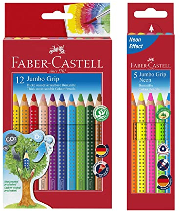 Faber-Castell Bundle 110912 Buntstift Jumbo GRIP 12er Kartonetui; inklusive Spitzer 110994 - Buntstifte Jumbo Grip Neon, 5-er Etui (Bundle neon + 12er bunt, 1)