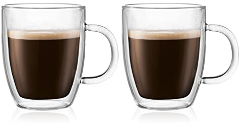 Bodum Double Wall Mug pack of 2 BISTRO - 300ml Coffee & Tee Cups - Dishwasher Safe Thermal Cup - Mouth-blown Borosilicate Glass