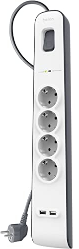 Belkin Ciabatta multipresa con USB e 4 prese, protezione dalle sovratensioni con 4 prese CA protette e 2 porte di ricarica USB-A da 2,4 A, cavo di prolunga da 2 m, presa multipla per casa e ufficio