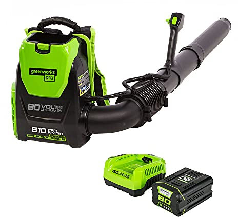 Greenworks 80V (180 MPH / 610 CFM / 75+ Compatible Tools) Cordless Brushless Backpack Blower, 2.5Ah Battery and Rapid Charger Included, Green/Black
