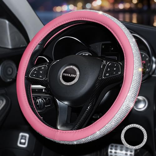 Pahajim Lenkradbezug Glitzer Lenkradhülle Universal mit Bling Bling Strass, Leder Glitter Crystal Lenkradschutz für Mädchen Damen-38cm (Pink-Weiß)