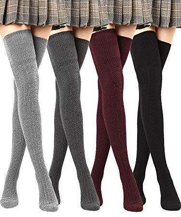 SATINIOR Calze Alte Invernali Sopra il Ginocchio, Lunghe da Stivale per Donna (Nero, Grigio Scuro, Rosso Vino, Grigio Chiaro, 4)