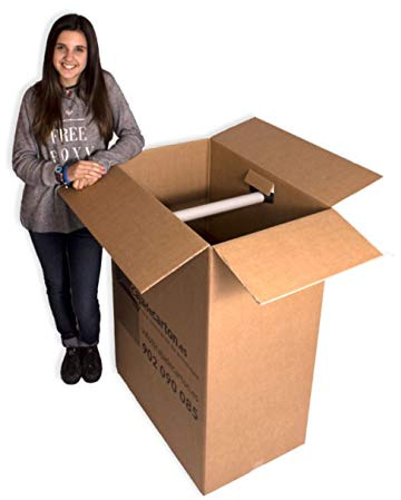Pack 5 Cajas de Cartón (Caja Armario) 750x450x1000mm. Incluye soporte para perchas de plástico. Con impresión Cajadecarton.es