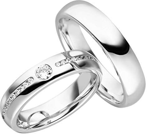 JC Trauringe Silber 925 Paarpreis Eheringe Poliert I Verlobungsringe breit 5 mm I Traumhafte Partnerringe mit Gravur in edler Schatulle I 2 Hochzeitsringe Herrenring & Damenring mit Steinen I LC106-S