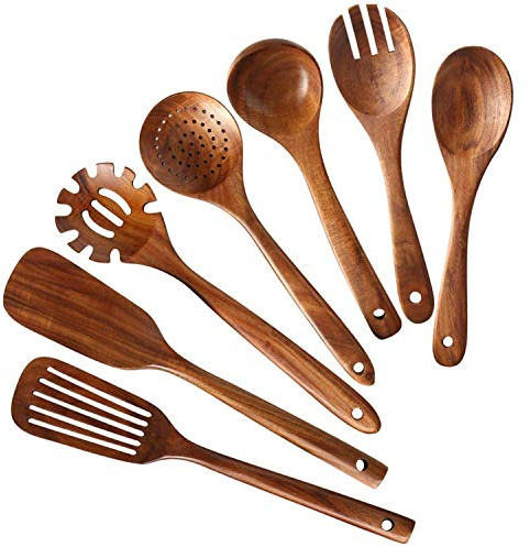 Fransande Wooden Kitchen Utensils Set,Wooden Spoons for Cooking Natural Teak Wood Kitchen Spatula Set for Including 7 Pack