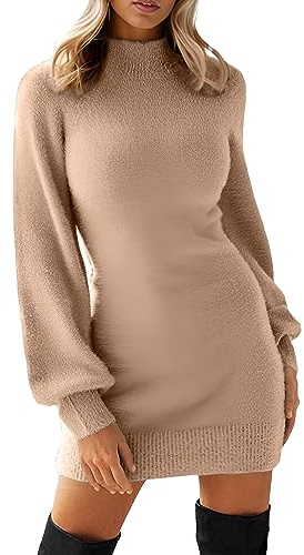 GRECERELLE Womens Jumper Dress Winter Mock Neck Long Sleeve Bodycon Knit Pullover Jumpers Ladies Mini Sweater Dresses (Light tan, L)
