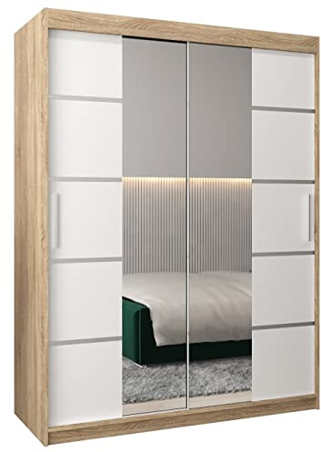 ABIKSMEBLE Verona 4 150 Armario 2 Puertas Correderas para Dormitorio - Armario Moderno con Espejo, Barra y Estantes - 150x200x62 cm (Ancho x Alto x Fondo) - Sonoma + Blanco Mate