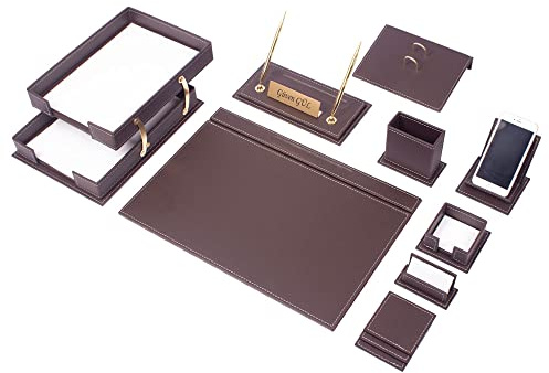 MOOGCO Schreibtisch-Set aus Leder, Schreibtisch-Zubehör, Büro-Organizer, Heimbüro-Zubehör, Schreibtisch-Zubehör, Schreibtisch-Aufbewahrung, Schreibtischunterlage, 13-teilig, 13 Stück (Brown)