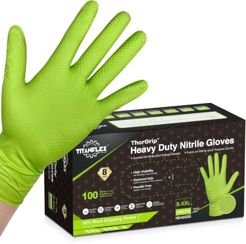 TitanFlex Heavy Duty Green Industrial Nitrile Gloves, 8-mil, Small, Box of 100, Latex Free, Raised Diamond Texture Grip, Powder Free, Food Safe, Rubber Gloves, Mechanic Gloves