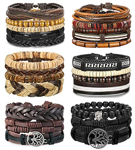 FIOROYAL 24 Stück Lederarmband Herren Mixed Wrap armbänder Geflochtene Vintage Gewebte Leder Holz Perlen Manschette Verstellbare Armbänder Set
