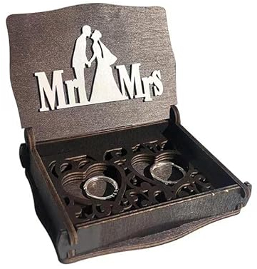 Holz Ring Box Vintage Rustikale Mr Mrs für Verlobungsring Hochzeit Ringschatulle Ringkästchen Mit Spitze Schmuckschatulle für Verlobung Heiratsantrag (Holzdunkler)