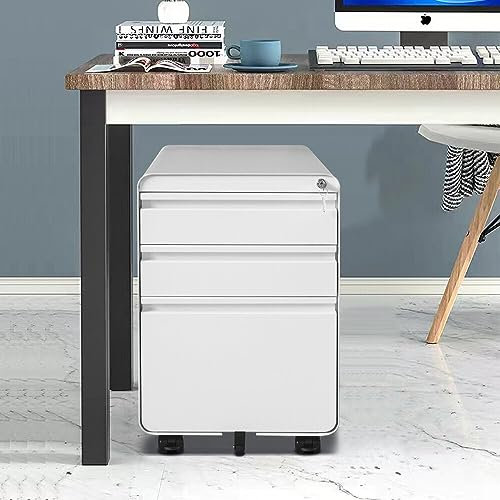 Fully Assembled Home Office Metal Filing Cabinet Mobile Printer Stand with 3 Chest of Drawer,5 Castors 3 Drawers Cupboard(White)