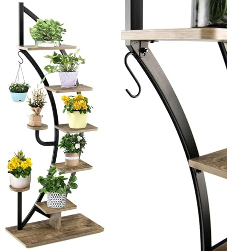 RELAX4LIFE Blumenständer, Pflanzenständer 6-Stufig, Pflanzenregal Metall, Innen & Außen Blumentreppe, Blumenregal mit Ablagen Haken für Wohnzimmer, Balkon, Schlafzimmer (1 Stück, Braun)