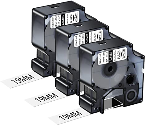 NineLeaf 3 Packung Ersatz für Dymo 18489 A18489 19mm x 3.5m Bänder Schwarz auf Weiß Flexibles Nylon Industrie Schriftband für Rhino 4200 5200 5000 6000 ILP 219 3M PL150 3M PL200 Beschriftungsgerät
