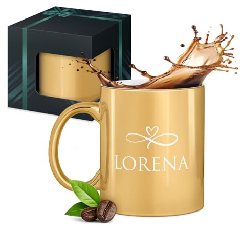Maverton Keramikbecher 330ml mit Gravur - Kaffeetasse mit funktionellem Henkel - personalisierter Kaffeebecher für Frauen zum Geburtstag zu Weihnachten - gold glänzend/innen weiß - Vorname