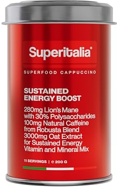 Sustained Energy Boost (11 servings) - Instant Coffee - Mushroom Coffee with Lion's Mane, Vitamins & Minerals - Superfood Cappuccino by Superitalia - official partner of Hyrox - Made in Italy