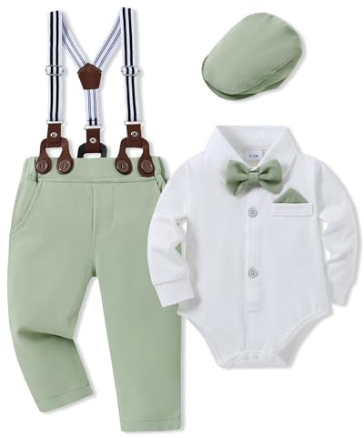 SANMIO Baby Boy Clothes Suit 6-12 Months Boys Baptism Easter Outfits Baby Shirt+Bow Tie+Pants+Suspenders 4Pcs Christmas Wedding Clothing Set (New Light Green, 6-12 Months)