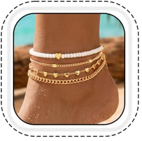 Vakkery Boho Fußkettchen Perlen Fußkettchen mehrlagig verstellbar für Strand und Sommer Fußketten für Damen (4 PCS)