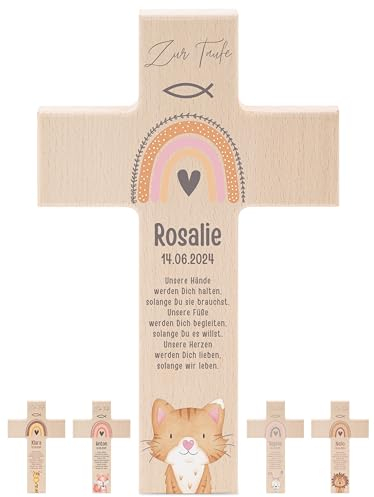 wunderwunsch - Personalisiertes Taufkreuz mit hochwertigem Spezial-Druck aus massivem Buchenholz - Taufe Geschenk - Holzkreuz Taufe (Katze)