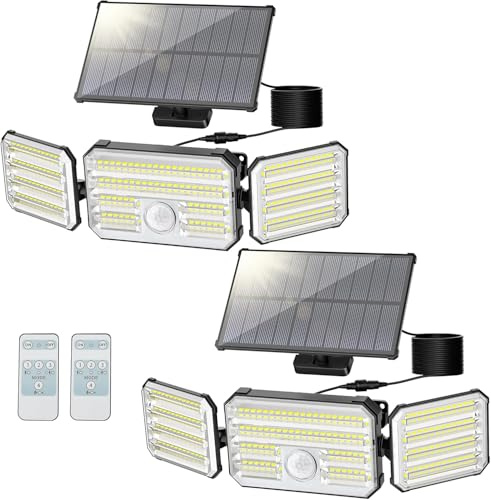 Solarlampen für Außen mit Bewegungsmelder, 160 LED Solarleuchten für Außen mit Alarmfunktion, 2000mAh 4 Modos IP67 Wasserdichte Solar Wandleuchte mit Fernbedienung für Garten, Garage - 2 Stück