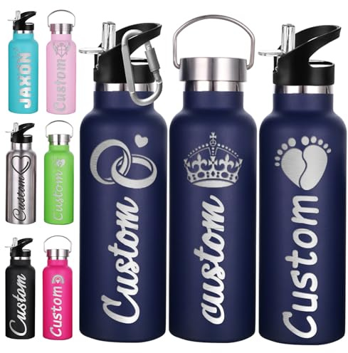 Akmxem Gourde Personnalisée Avec Paille 350ml 750ml Gourde Isotherme Personnalisable Gravé Nom Logo Gourde Personnalisée En Acier Inoxydable Cadeau pour l'École Le Sport Le Bureau l'Extérieur