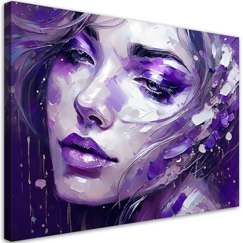 Feeby Viles - Leinwand Bilder - Frau Abstraktion Lila - 60x40 cm - Deko Wohnzimmer - Wandbilder Schlafzimmer - Deko Aesthetic - Wand Deko - Leinwand Groß - Deko Zimmer - Leinwandbilder XXL