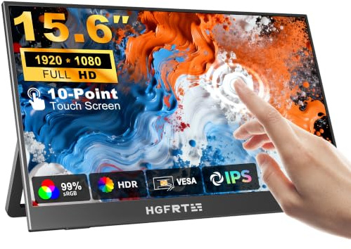 HGFRTEE - 15.6 Portable Touch Screen Monitor, 1920x1080 60Hz FHD IPS HDR 10-Point Monitor with Built-in Stand and Speaker, HDMI USB C VESA Travel External Monitors for