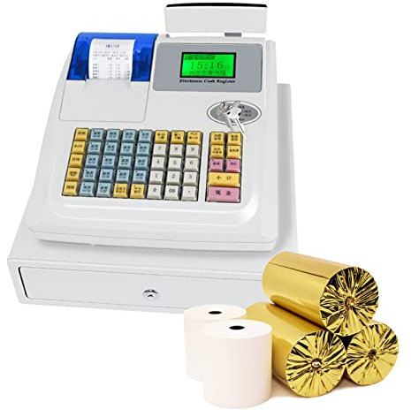 Elektronische Registrierkasse für kleine Unternehmen, Registrierkasse mit Doppelverwaltung und Schlüsseln und Passwort, Druckpapier für 30 Quittungen, Schublade für 3 Scheine/5 Münzen, Schwarz (Weiß)