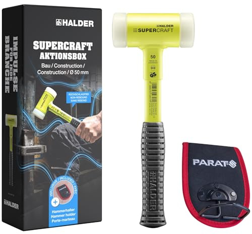 Halder SuperCraft Soft-Faced Mallet Set 3377s001 – D50mm Non-Rebound Hammer with Fluorescent Yellow Steel Tube Handle & PARAT Hammer Holder – Replaceable Nylon Inserts, Anti–Slip Grip