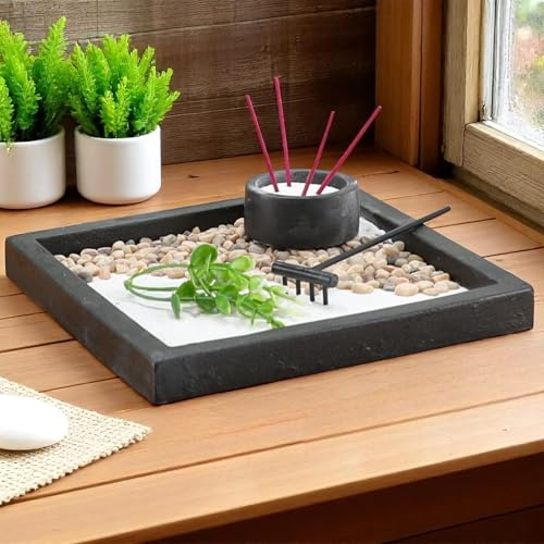 MIJOMA Zen Garten Set – Miniatur Tischgarten mit Räucherstäbchenhalter & Rechen – 7-teiliges Meditationsset aus Zement – Japanischer Mini Sandgarten 20x20cm für Achtsamkeit & Deko