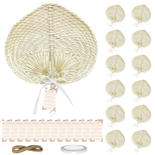 Cinrobiye 12 Pcs Bamboo Hand Fans for Wedding Guests, Handmade Palm Leaf Bamboo Fan Bulk with Thank You Cards, Boho Wedding Guest Eileen Fans for Favors & Summer Decor