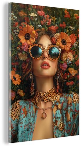 MuchoWow© Wandbilder Glas Schlafzimmer Home Deko Wohnung Bild Wohnzimmer | 80x120 cm - Wand Glasbilder Leinwand Wall Decor Frauen - Blumen - Modern - Brille - Abstrakt