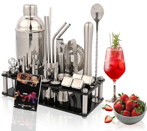 Juego de coctelera mezcladora de 26 Piezas, Juego de coctelera de Acero Inoxidable con Soporte de acrílico y Libro de Recetas de cócteles, para Mezclar Bebidas, hogar, Bar y Fiesta